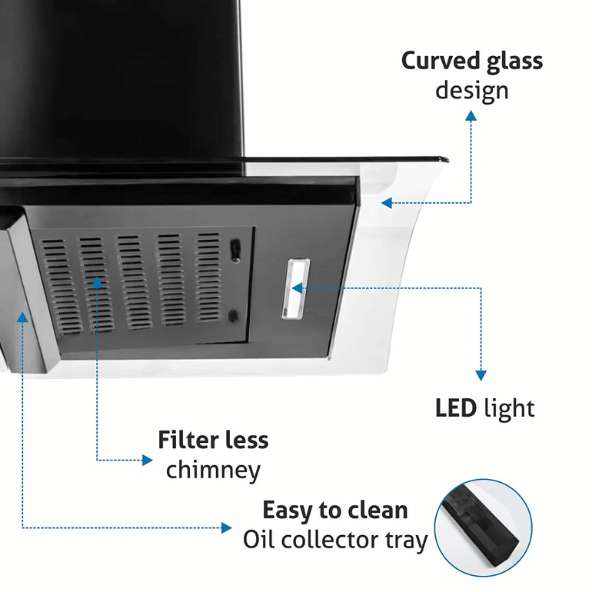 Glen Auto Clean Curved Glass Filter less Kitchen Chimney With 7 Year Warranty On Motor, with Motion Sensor 1200 m3/h, Black (CH6060BLAC60)