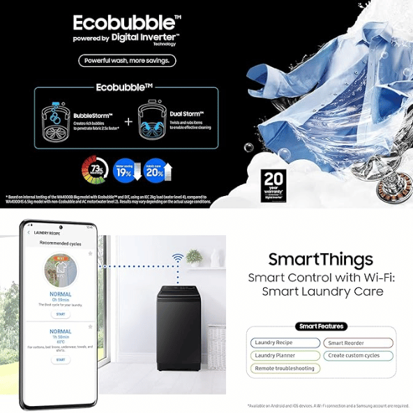 Samsung 10 Kg 5 Star Wi-Fi Enabled Inverter Fully Automatic Top Loading Washing Machine (WA10BG4546BDTL Versailles Gray, Ecobubble)