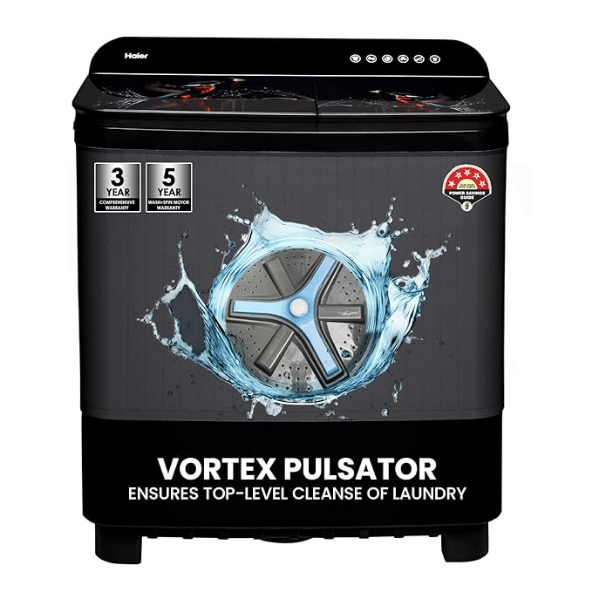 Haier 9 Kg 5 Star Toughened Gas Softfall Technology Semi Automatic Top Loading Washing Machine (HTW90-178FL, Anti Bacterial Vortex Pulsator, Magic Filter, Rat Mesh, Digital Printing Lid, Black)