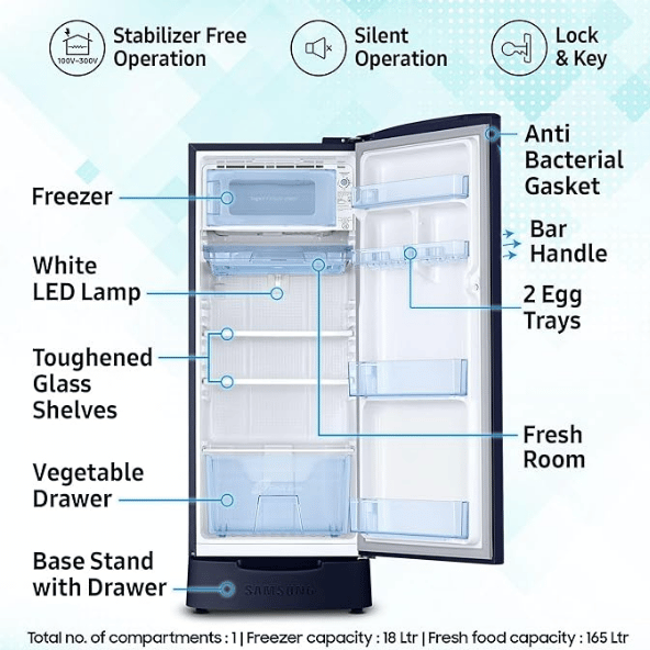 Samsung 183 L, 5 Star, Digital Inverter, Direct-Cool Single Door Refrigerator (RR20D2825RZ/NL, Midnight Blossom Red, Base Stand Drawer, 2024 Model)