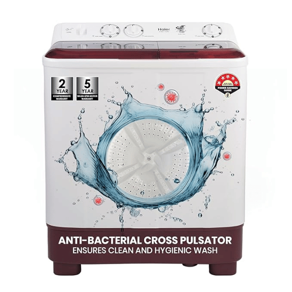 Haier 7 Kg 5 Star Toughened Glass Semi Automatic Top Loading Washing Machine (HTW70-1187BTN, Anti Bacterial Vortex Pulsator, Magic Filter, Rat Mesh, Maroon, White)