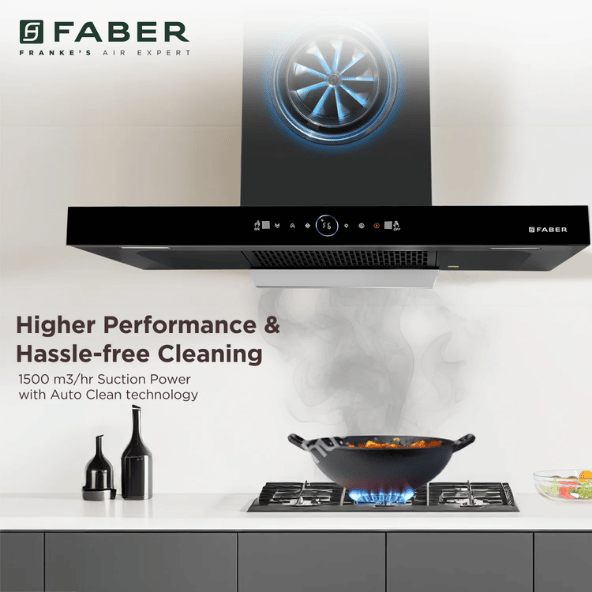 Faber 90 cm 1500 m³/hr angular Kitchen Chimney (HOOD APEX FLHC SC BK 90, Filterless technology, Touch Control, Black)