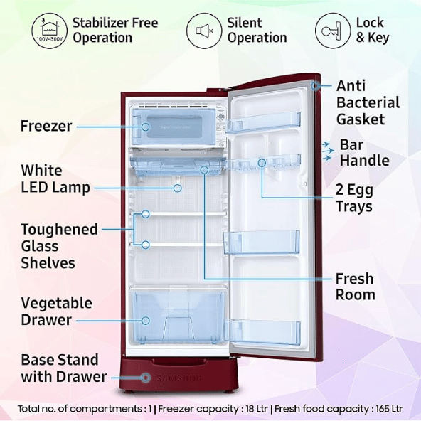 Samsung 223L 3 Star Inverter Direct-Cool Single Door Refrigerator (RR24C2823CR/NL,Camellia Purple) Base Stand Drawer 2023 Model