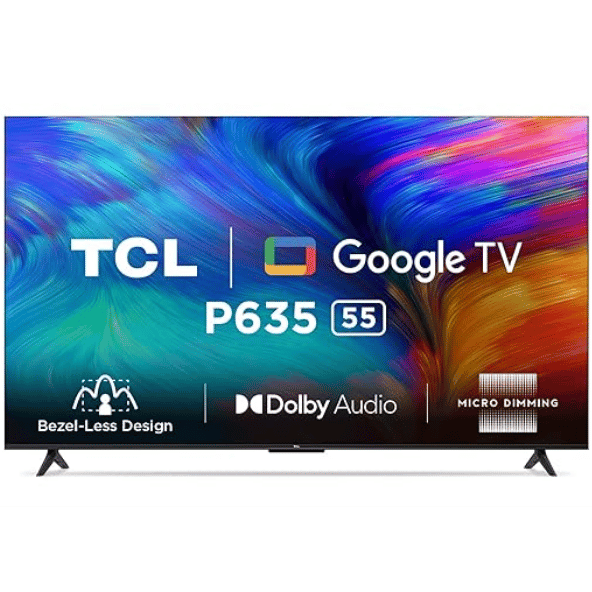 TCL 138.7 cm (55 inches) Bezel-Less 4K Ultra HD Smart LED Google TV 55P635 (Black) – Immersive Visuals & Smart Entertainment