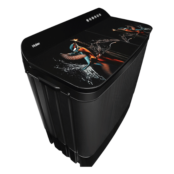 Haier 9 Kg 5 Star Toughened Gas Softfall Technology Semi Automatic Top Loading Washing Machine (HTW90-178FL, Anti Bacterial Vortex Pulsator, Magic Filter, Rat Mesh, Digital Printing Lid, Black)
