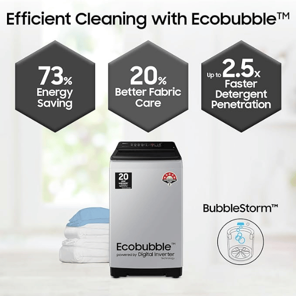 Samsung 8 kg, 5 star, Eco Bubble Technology, Digital Inverter Motor, Dual Storm, Fully-Automatic Top Load Washing Machine (WA80BG4441BGTL, Light Gray)
