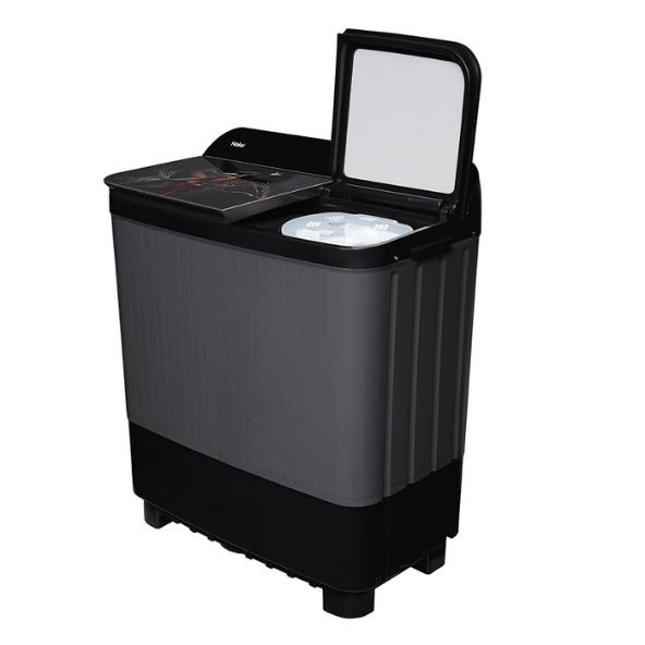 Haier 9 Kg 5 Star Toughened Gas Softfall Technology Semi Automatic Top Loading Washing Machine (HTW90-178FL, Anti Bacterial Vortex Pulsator, Magic Filter, Rat Mesh, Digital Printing Lid, Black)