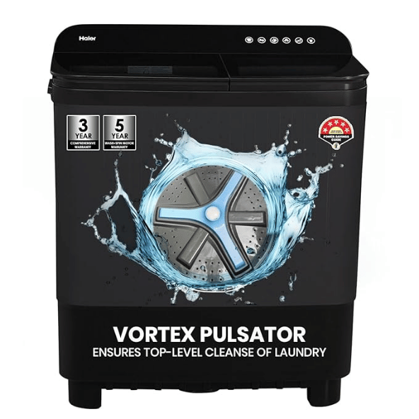 Haier 10 Kg 5 Star Toughened Gas Softfall Technology Semi Automatic Top Loading Washing Machine (HTW100-178BKN, Anti Bacterial Vortex Pulsator, Magic Filter, Rat Mesh, Black)
